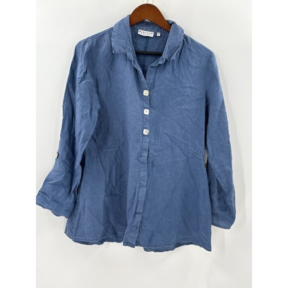 Habitat 100% Linen Blue Women's Top Mother of Pearl Buttons Swing Bottom SMALL - Picture 11 of 16